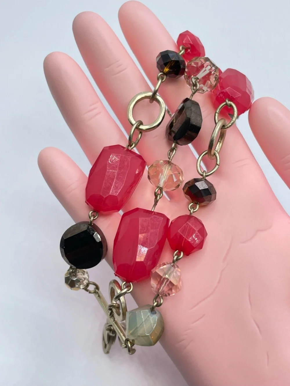 WHBM White House Black Market Pink Lucite Glass Bead Multi Strand Gold Bracelet